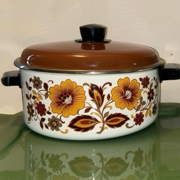 Vintage Other - Vintage Harvest Floral Enamel Dutch Oven Pot Enamel Cookware Retro Kitchen Decor